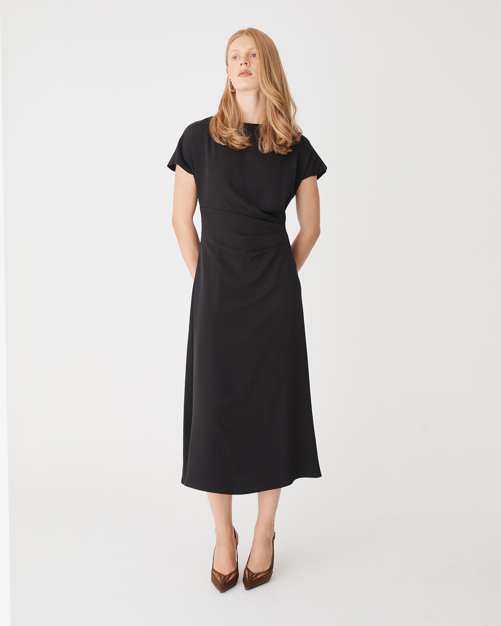 Bianca Side Pleat Midi Dress in black — full-length view
