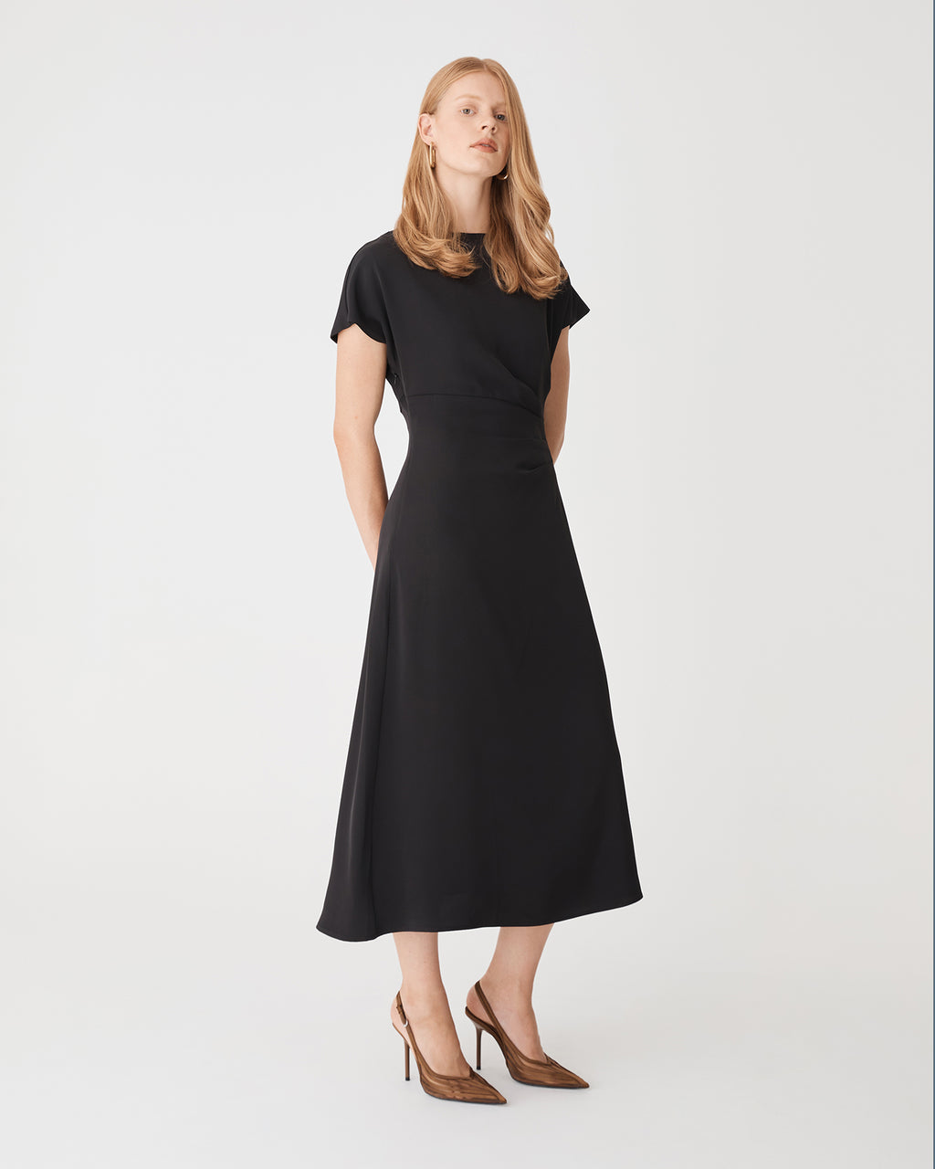 Bianca Side Pleat Midi Dress in black — full-length view 2