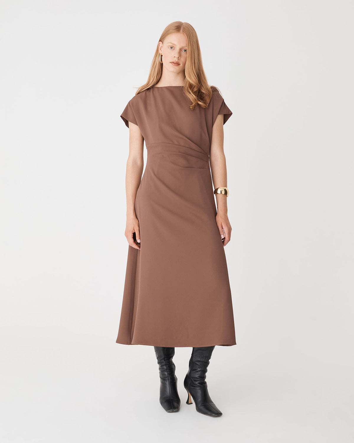 Bianca Side Pleat Midi Dress in coffee — full-length view