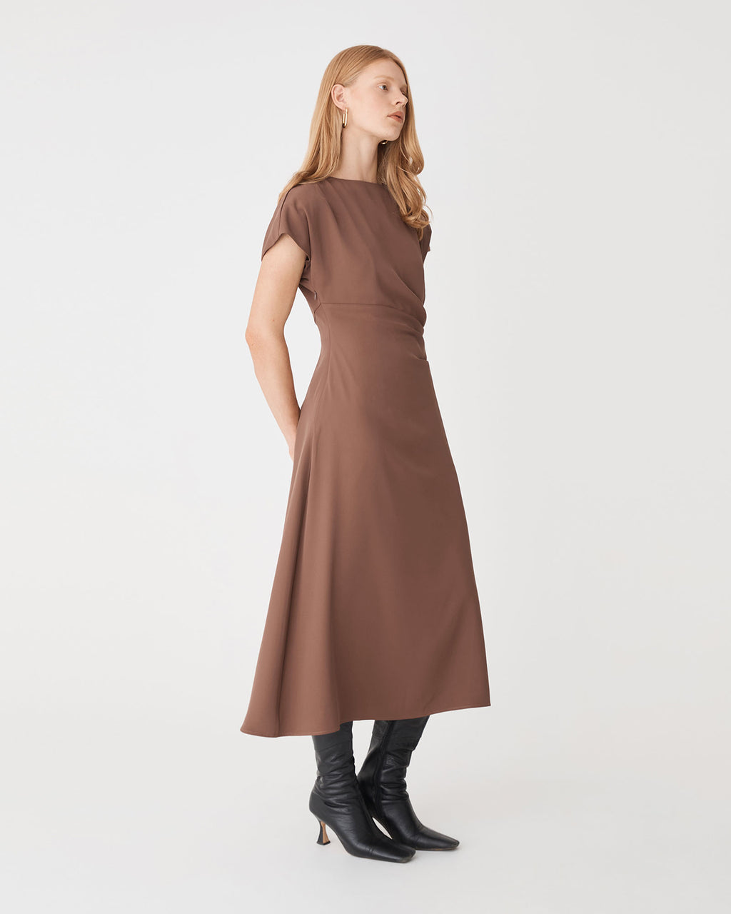 Bianca Side Pleat Midi Dress in coffee — side view