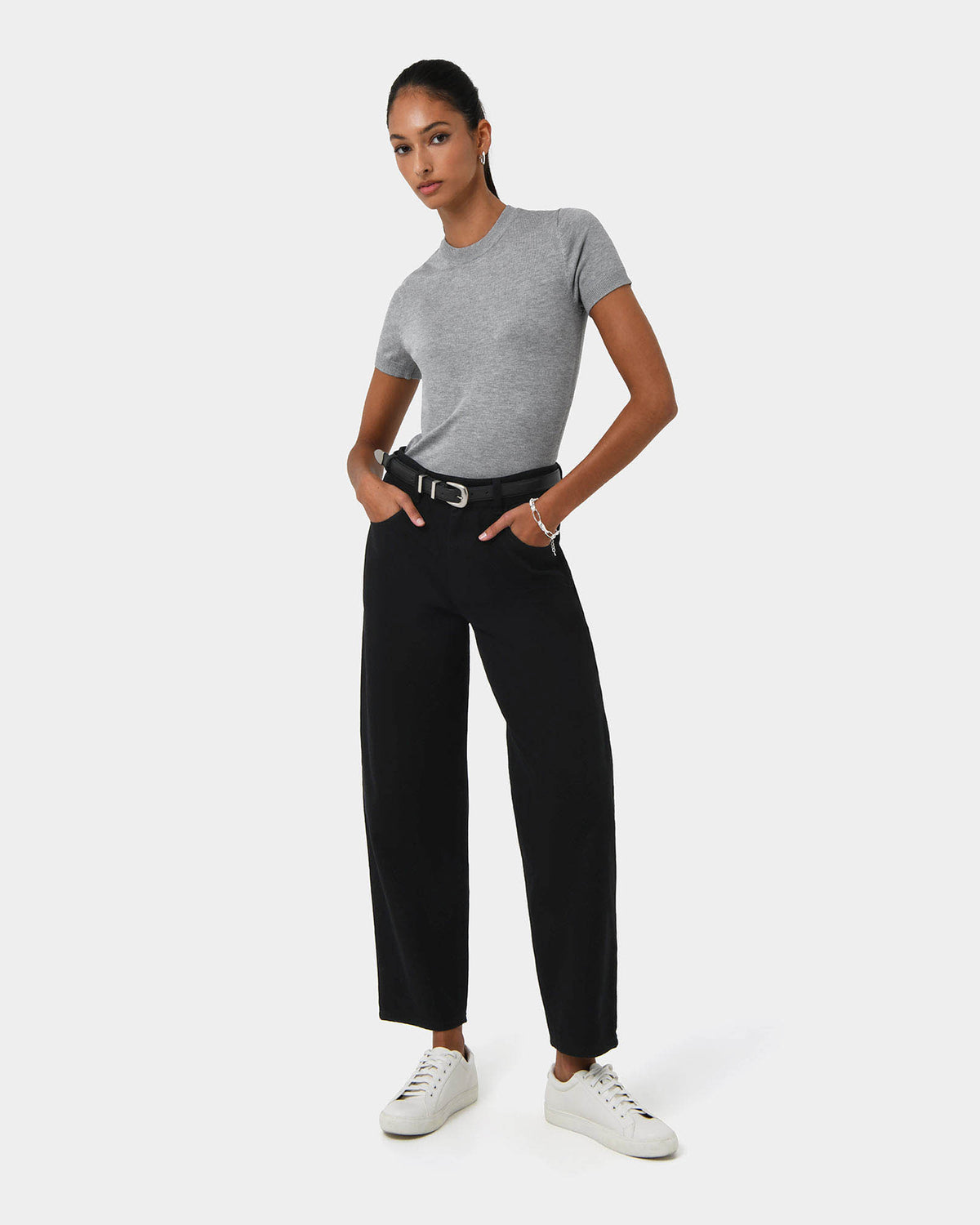 Leighton Barrel Leg Jeans in black — full-length view 2