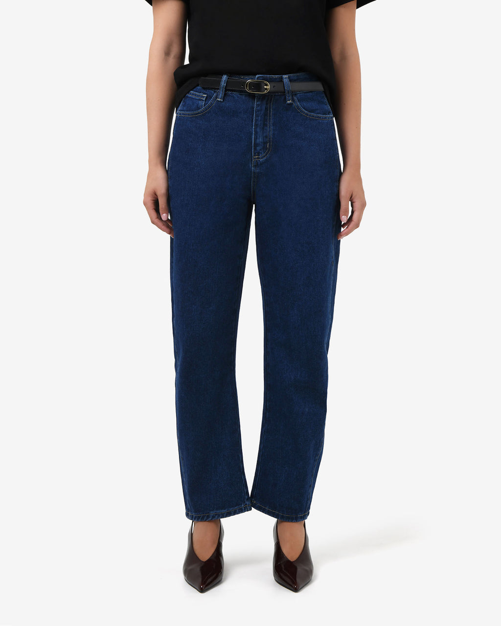 Bondi Barrel Leg Jeans in classic blue — close-up view