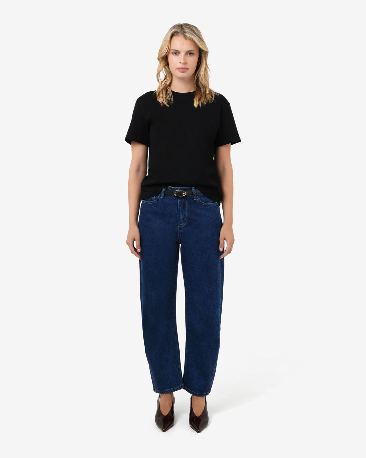 Bondi Barrel Leg Jeans in classic blue — full-length view