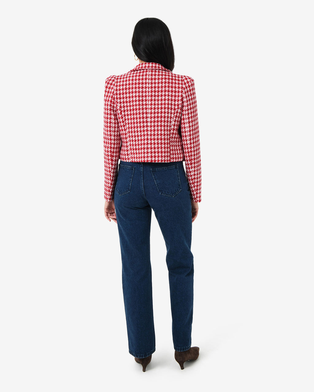 Bennet Houndstooth Crop Blazer in ivory red — back view