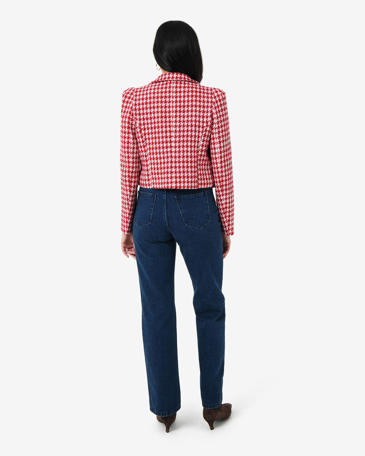 Bennet Houndstooth Crop Blazer in ivory red — back view