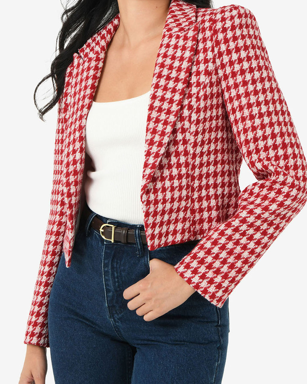 Bennet Houndstooth Crop Blazer in ivory red — close-up view