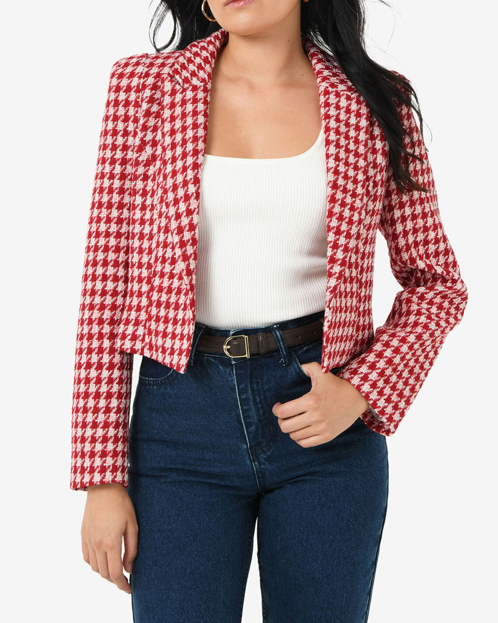 Bennet Houndstooth Crop Blazer in ivory red — close-up view 2