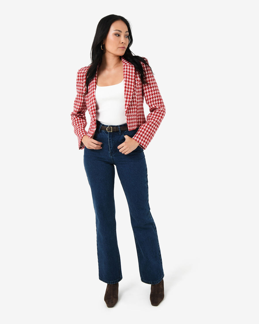 Bennet Houndstooth Crop Blazer in ivory red — full-length view