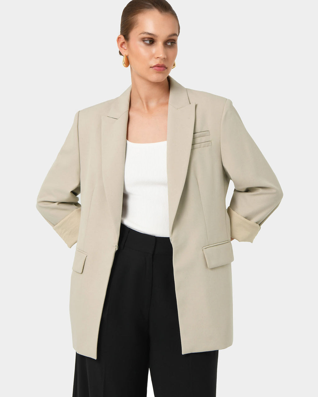 Sonique Tailored Blazer in sand — close-up view