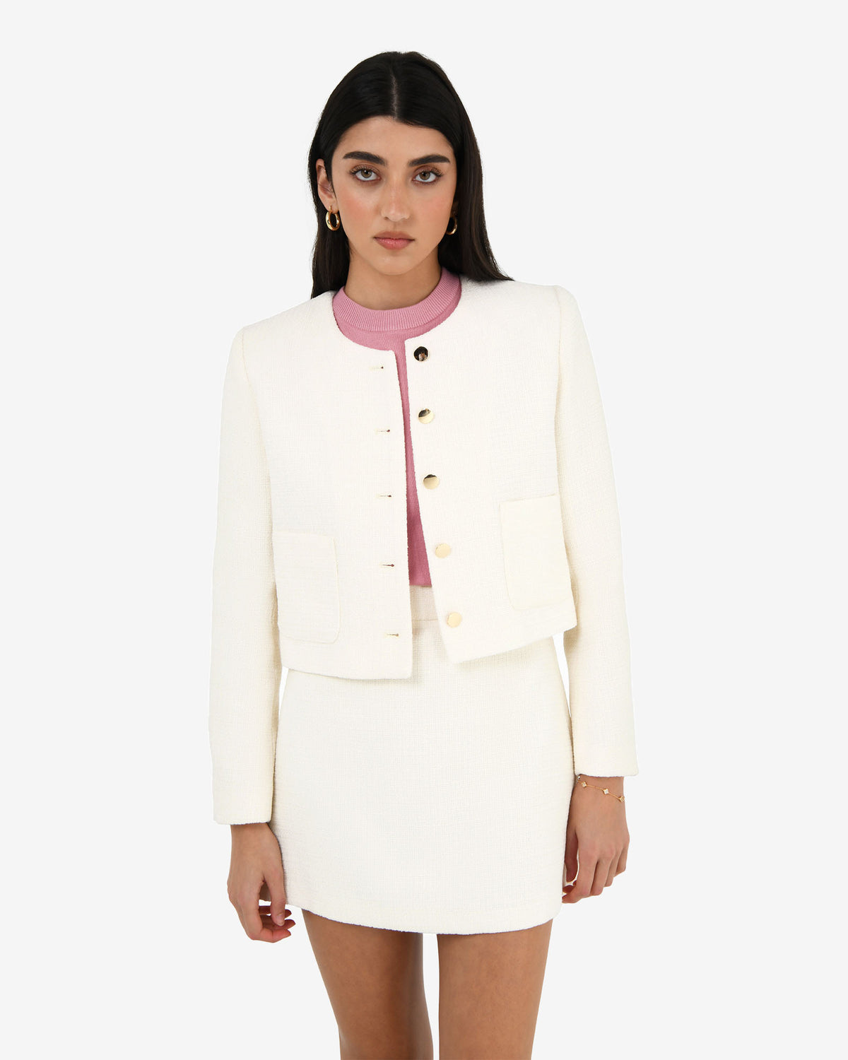 Cynthia Crop Tweed Jacket in ivory — close-up view