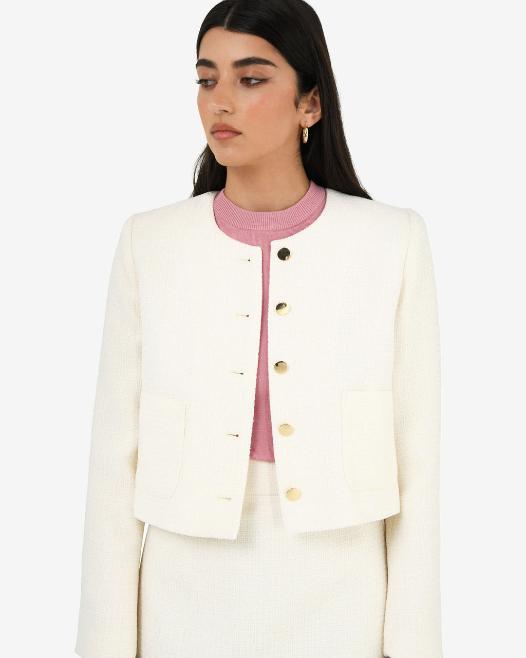 Cynthia Crop Tweed Jacket in ivory — close-up view 2
