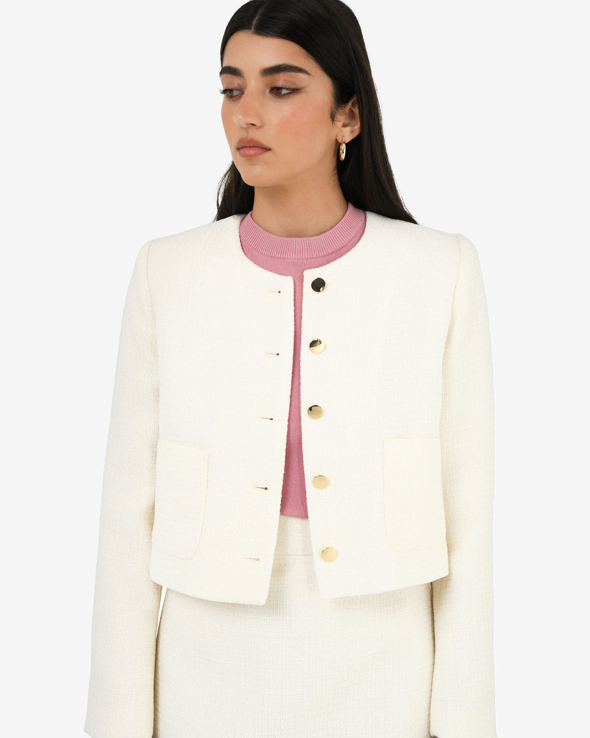 Cynthia Crop Tweed Jacket in ivory — close-up view 2