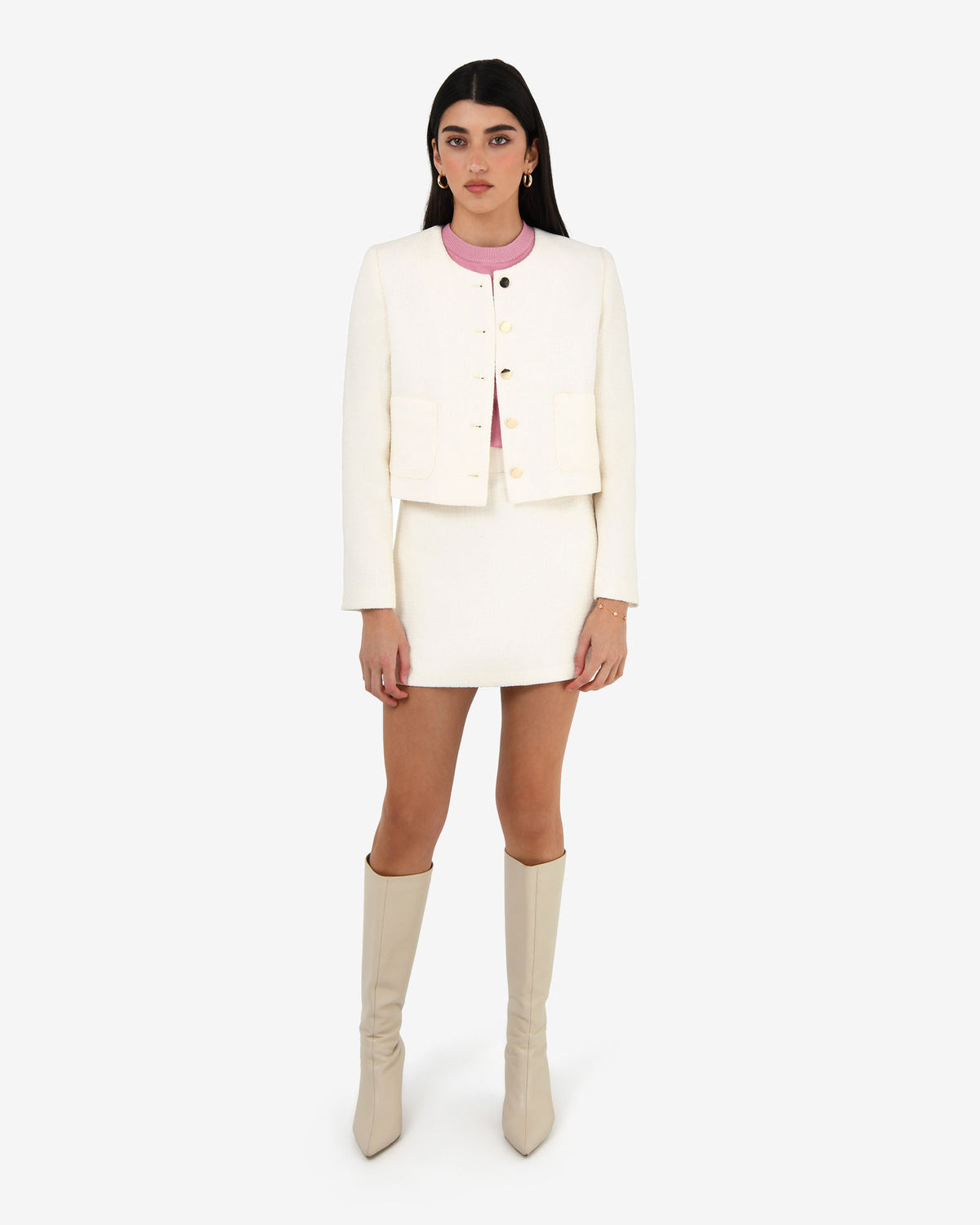 Cynthia Crop Tweed Jacket in ivory — full-length view