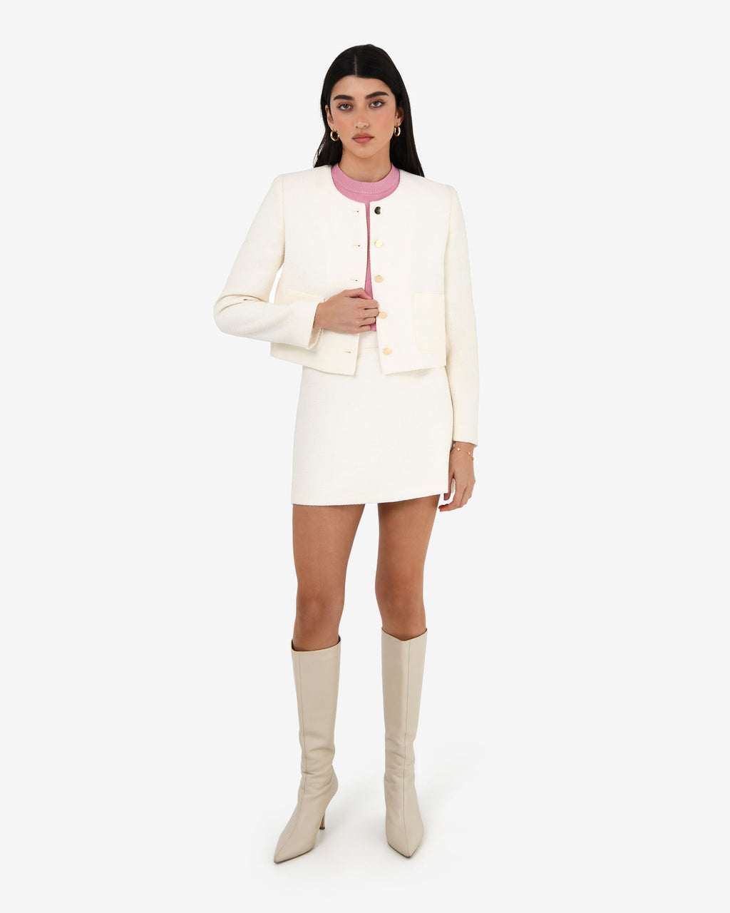 Cynthia Crop Tweed Jacket in ivory — full-length view 2
