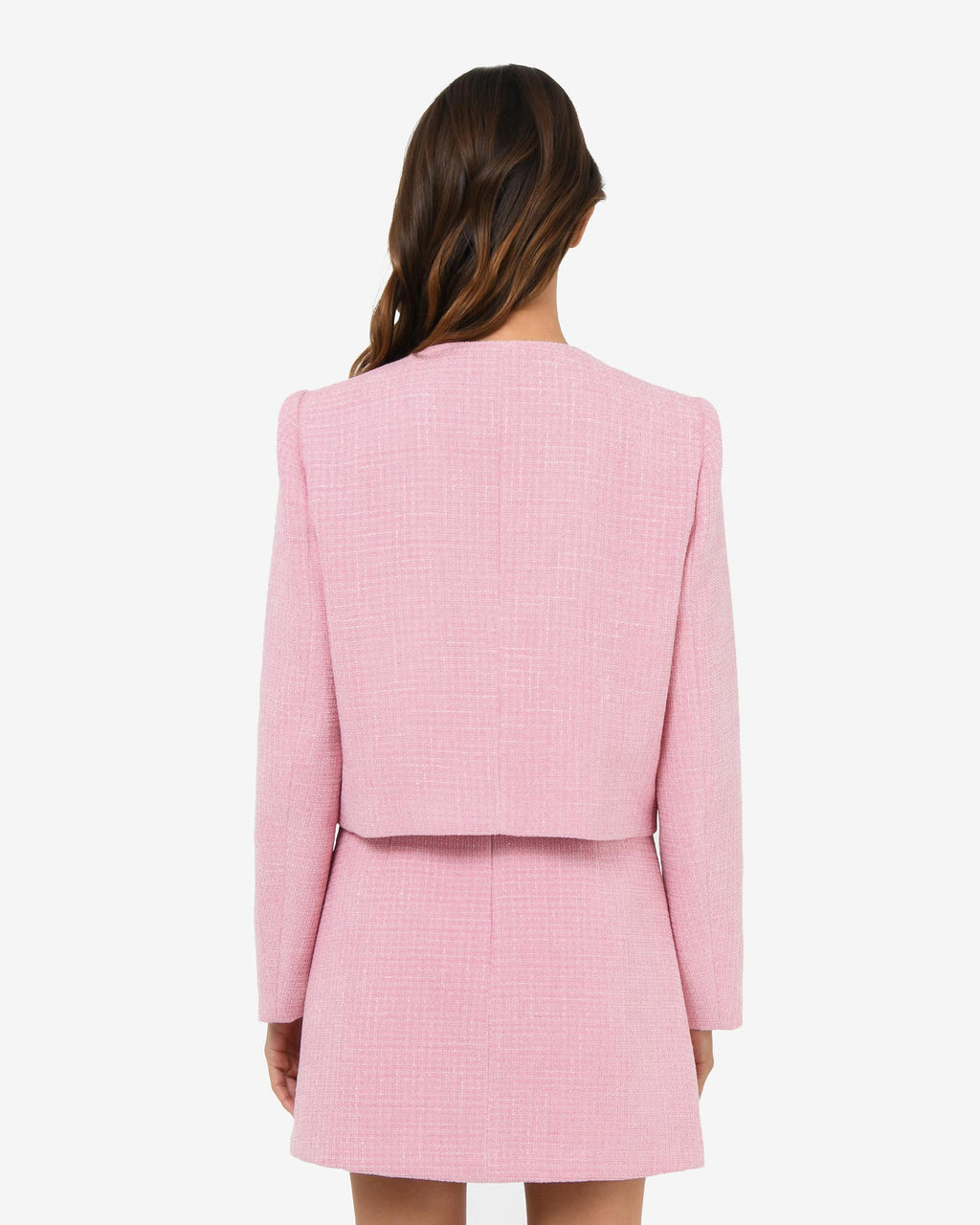 Cynthia Crop Tweed Jacket in pink — back view