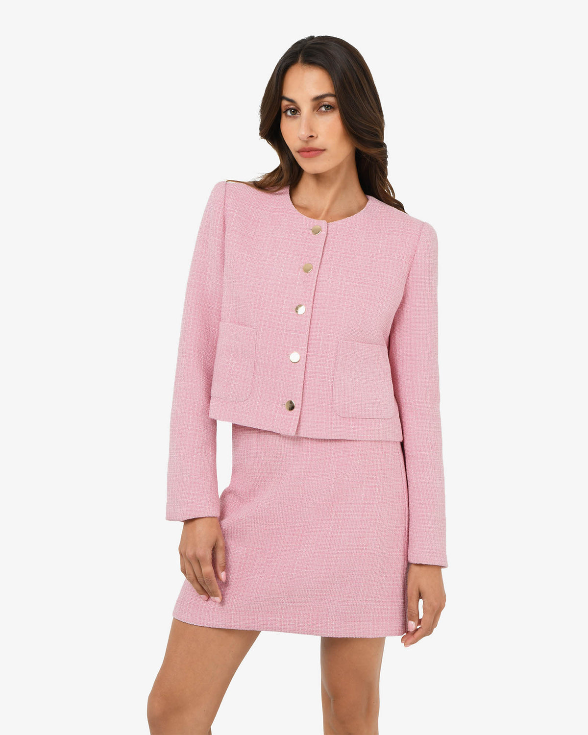 Cynthia Crop Tweed Jacket in pink — close-up view 2