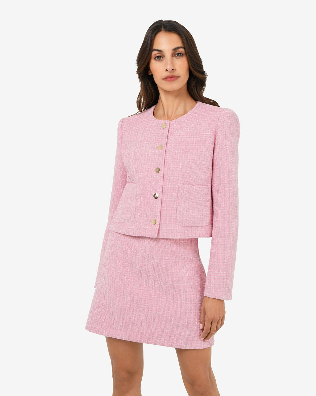 Cynthia Crop Tweed Jacket in pink — close-up view 4