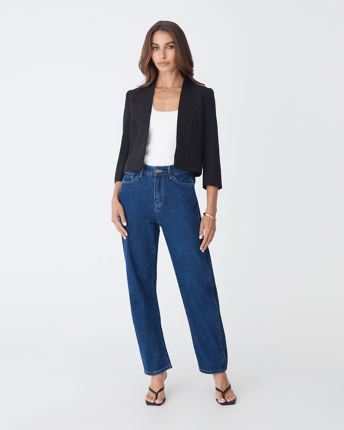 Nikki Collarless Crop Jacket in black — full-length view