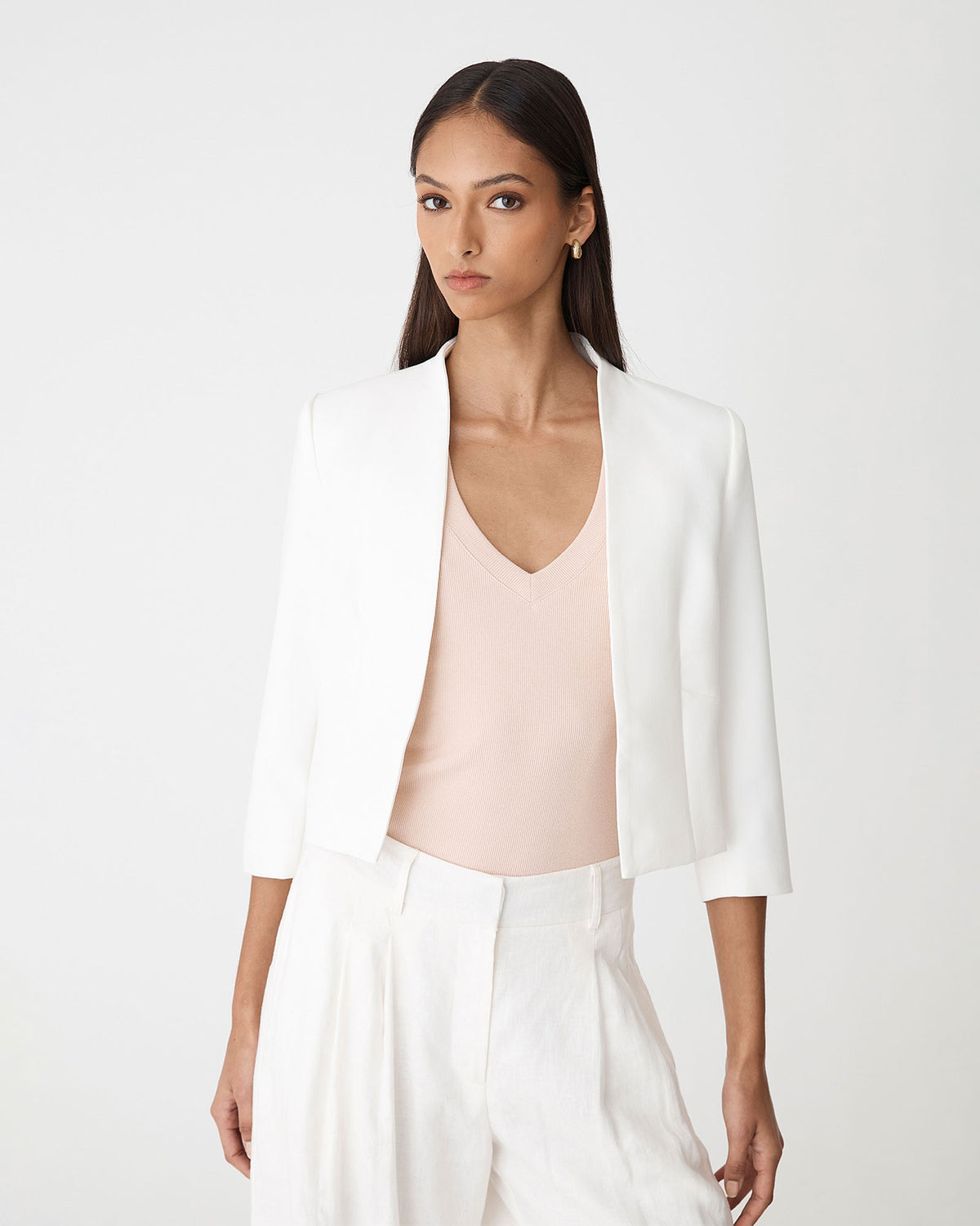 Nikki Collarless Crop Jacket in ivory — close-up view
