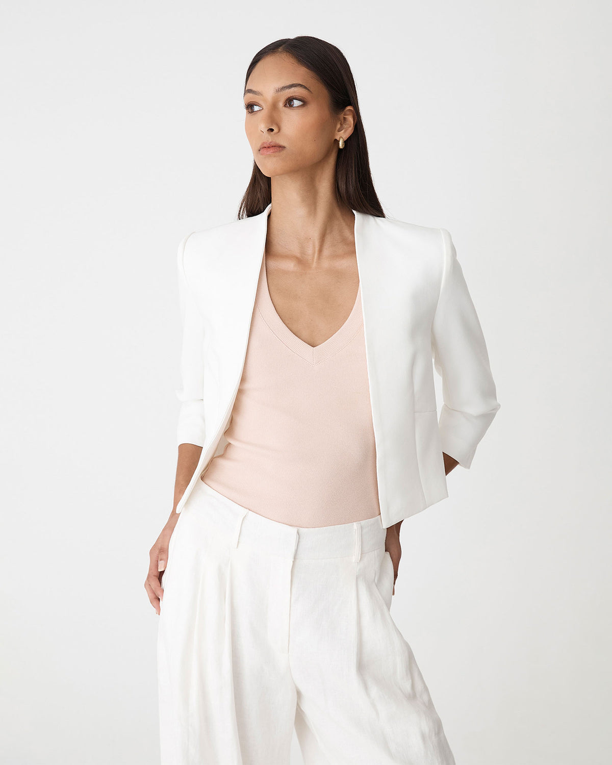 Nikki Collarless Crop Jacket in ivory — close-up view 2