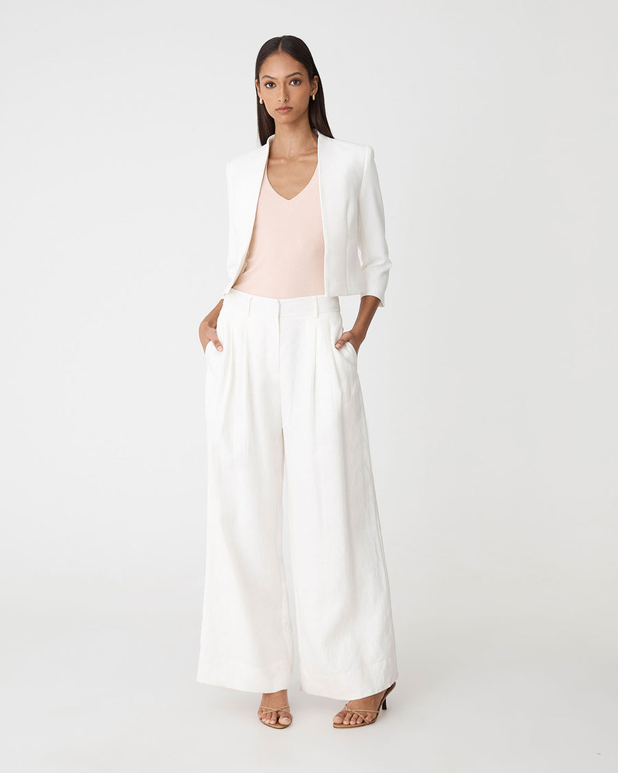 Nikki Collarless Crop Jacket in ivory — full-length view