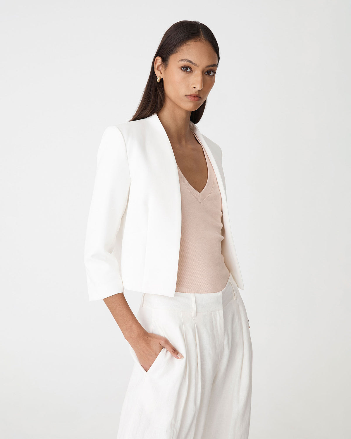 Nikki Collarless Crop Jacket in ivory — side view