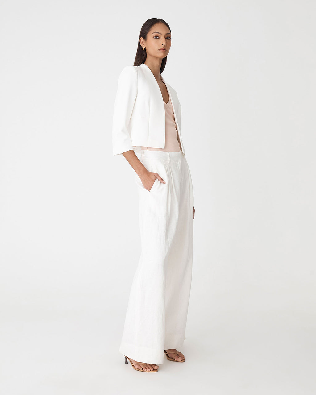 Nikki Collarless Crop Jacket in ivory — side view 2