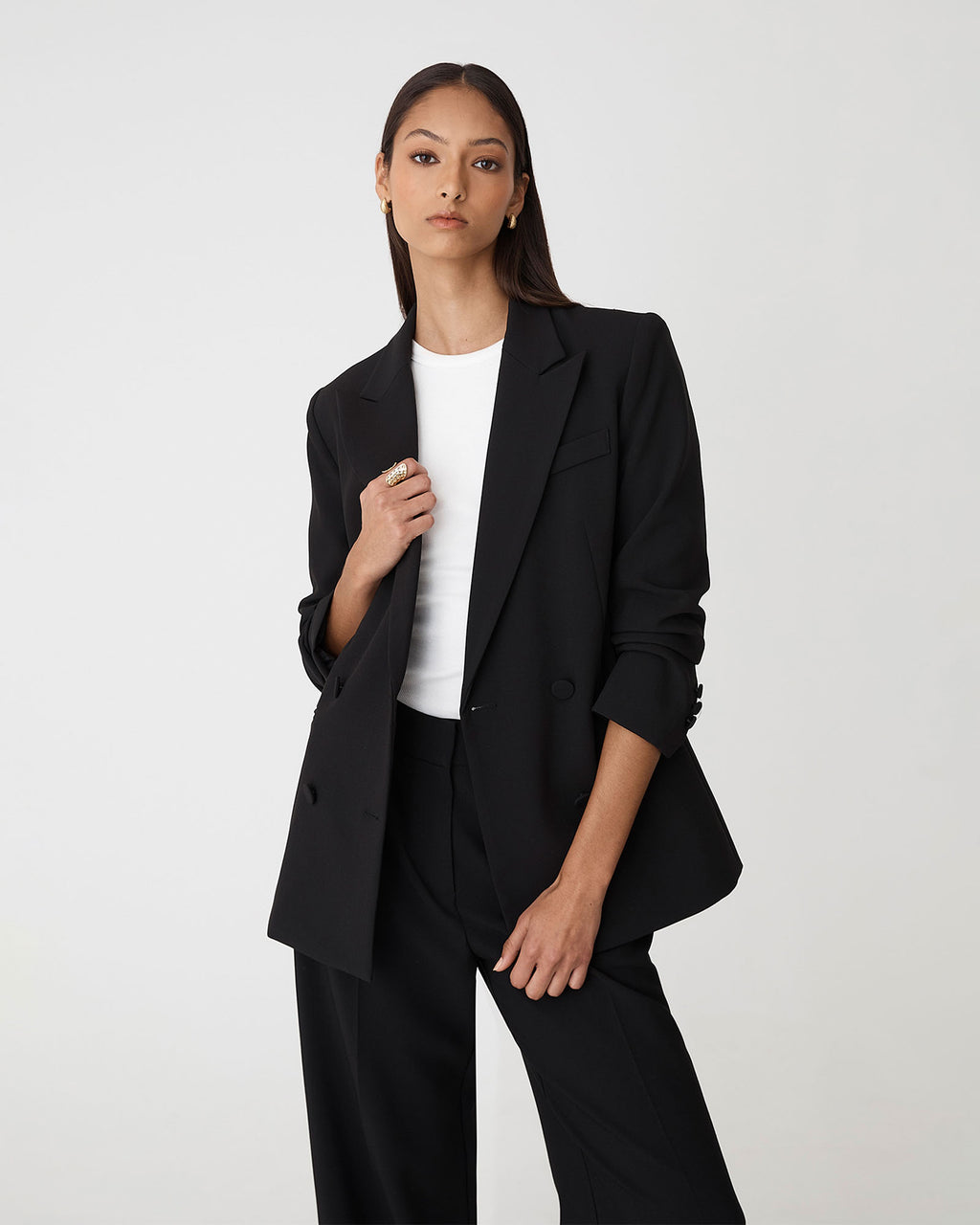Nikki Double Breasted Blazer in black — close-up view