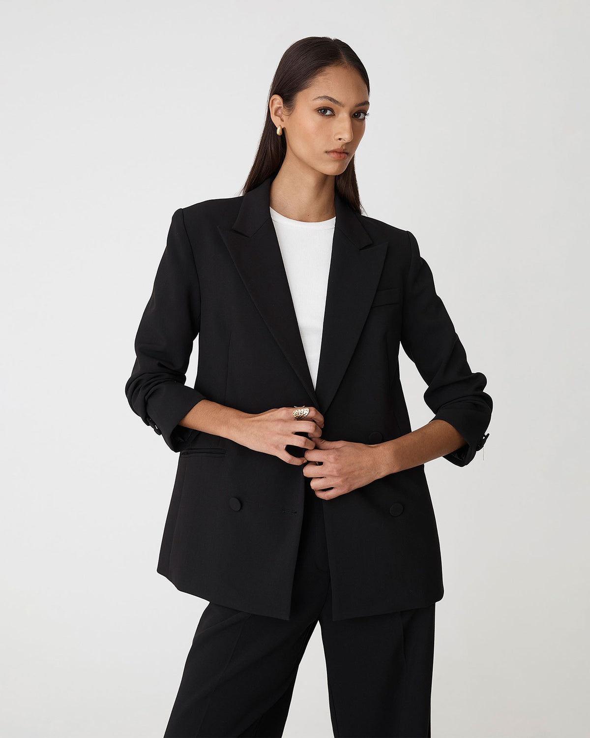 Nikki Double Breasted Blazer in black — close-up view 2