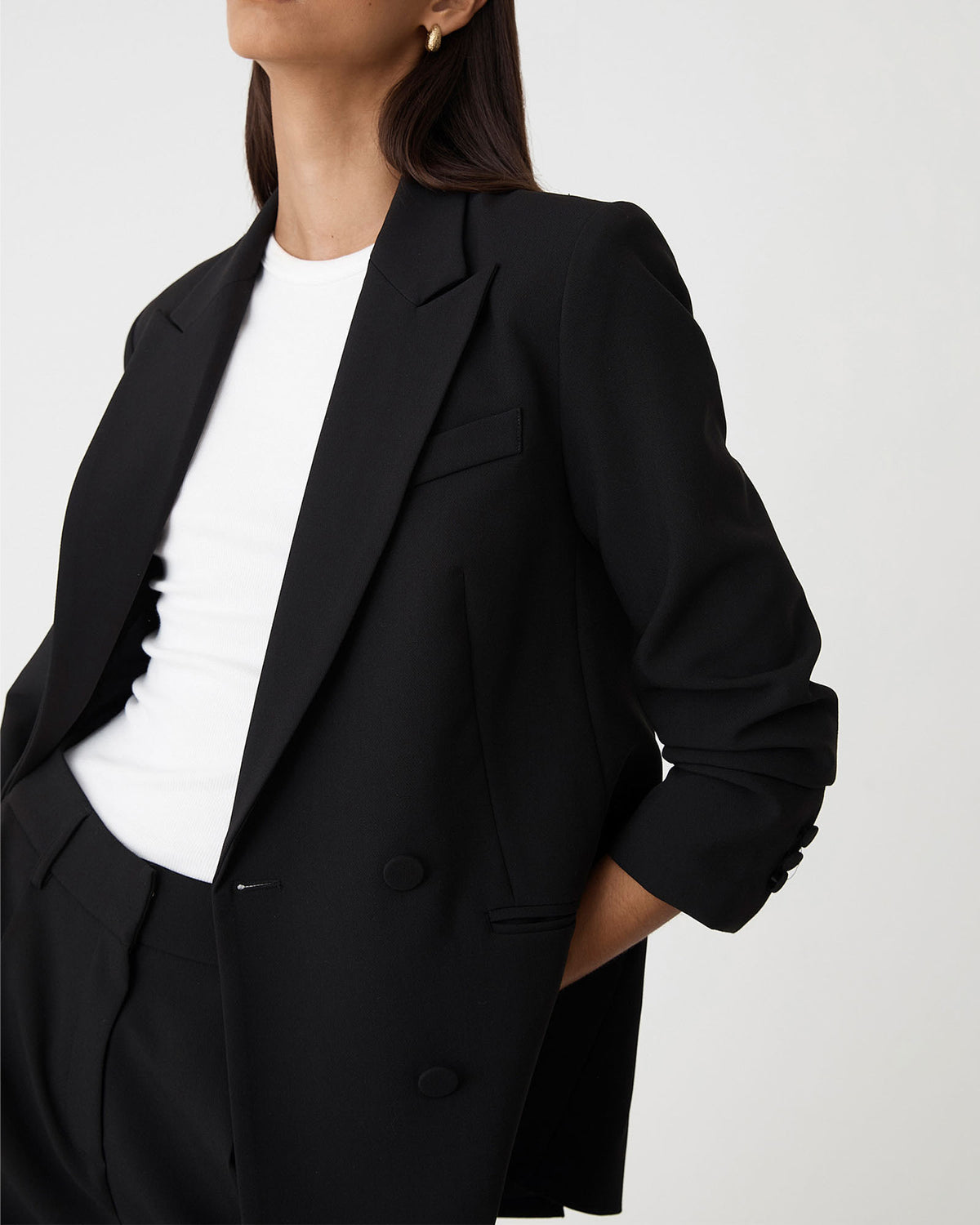 Nikki Double Breasted Blazer in black — fabric detail