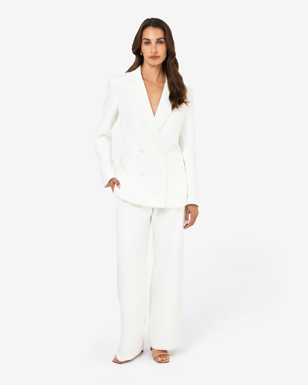 Nikki Double Breasted Blazer in ivory — full-length view