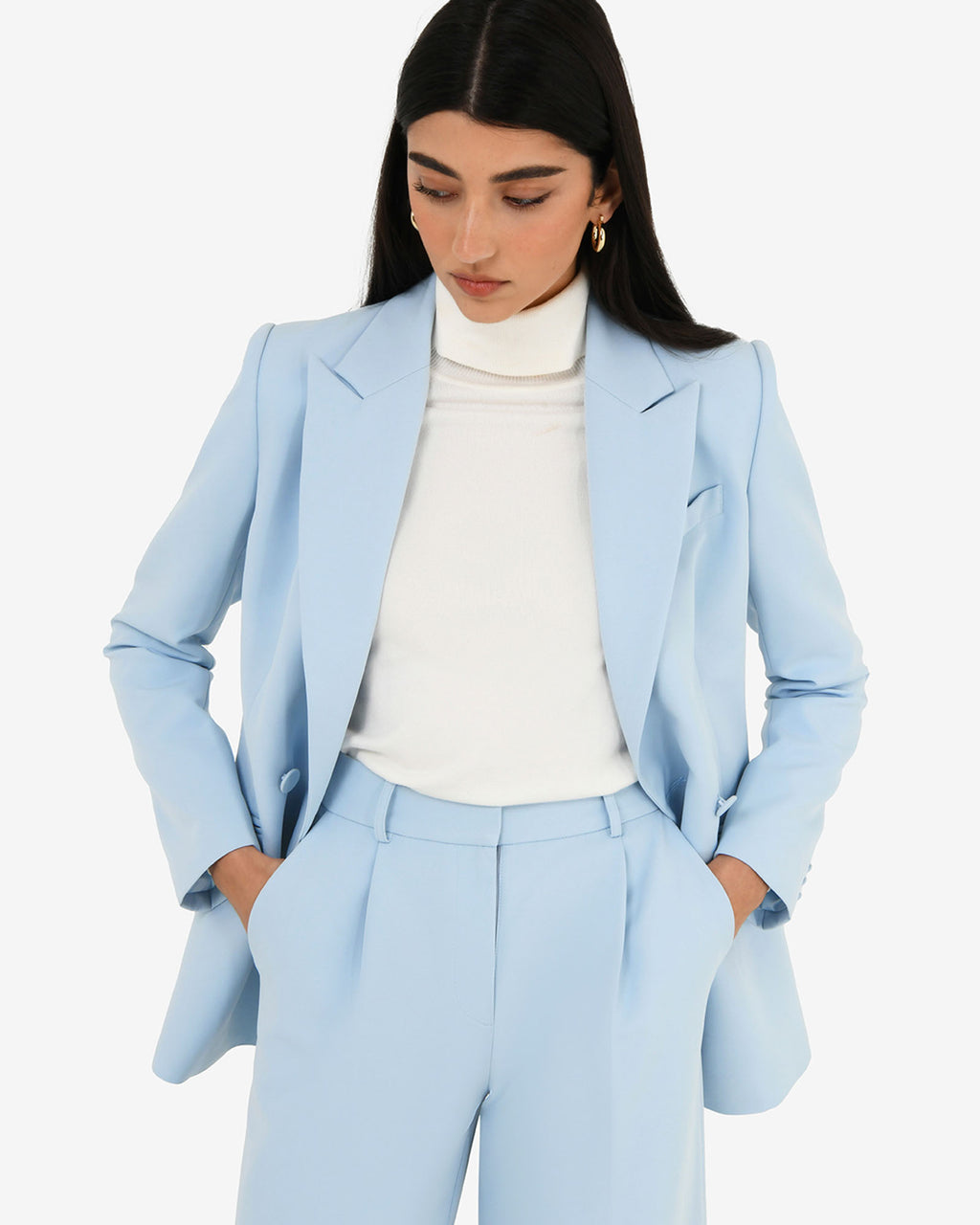 Nikki Double Breasted Blazer in sky blue — close-up view