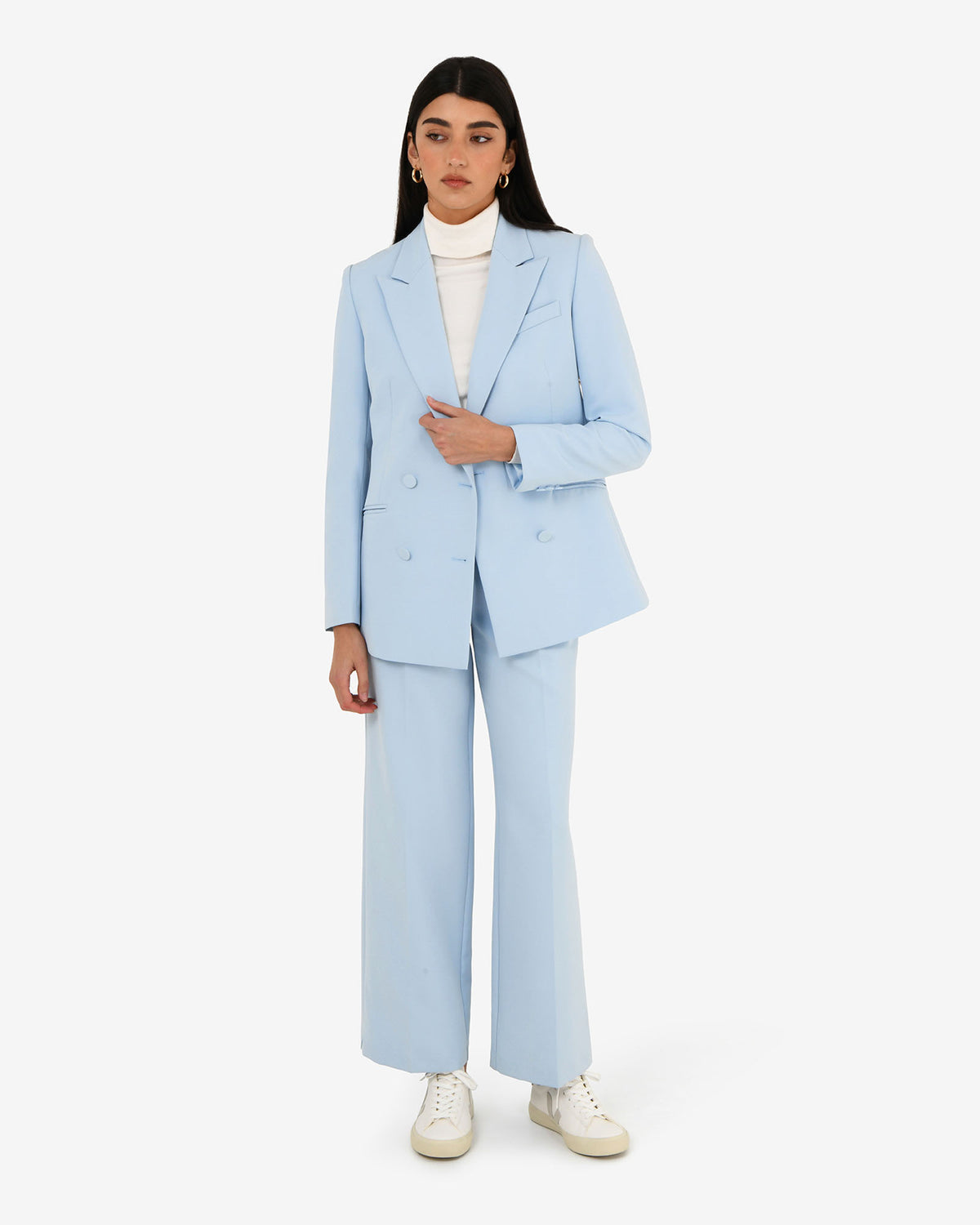Nikki Double Breasted Blazer in sky blue — full-length view