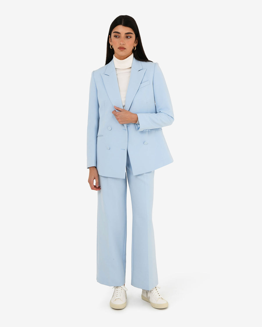 Nikki Double Breasted Blazer in sky blue — full-length view