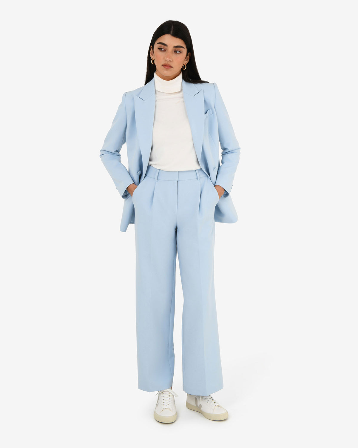 Nikki Double Breasted Blazer in sky blue — full-length view 2