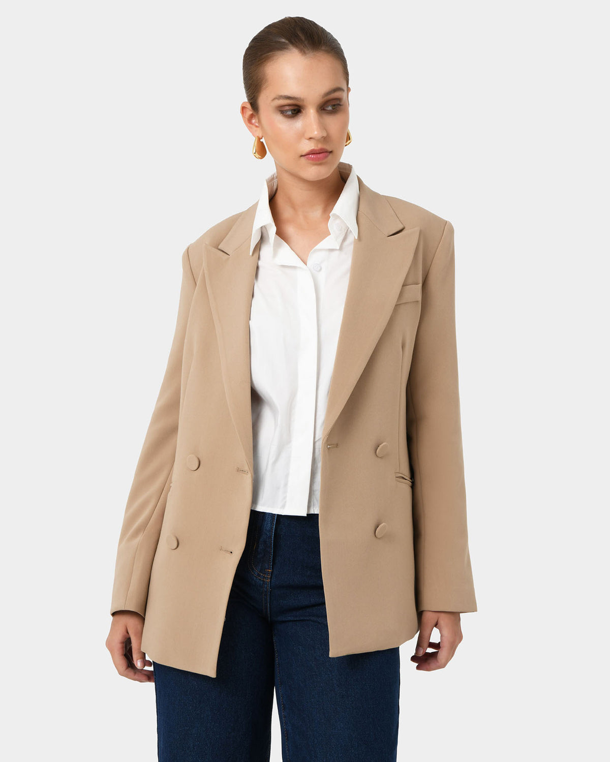 Nikki Double Breasted Blazer in warm taupe — close-up view