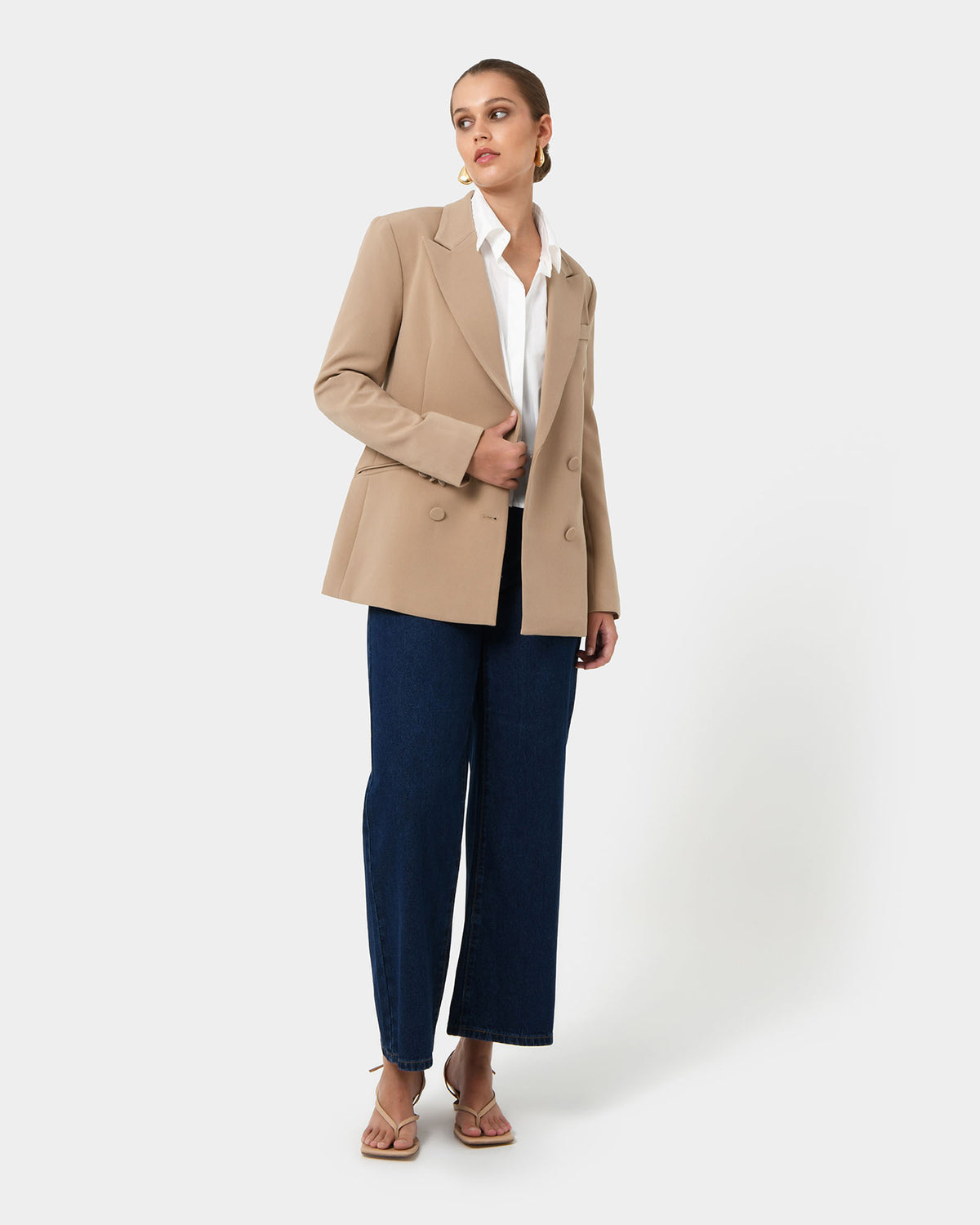 Nikki Double Breasted Blazer in warm taupe — full-length view