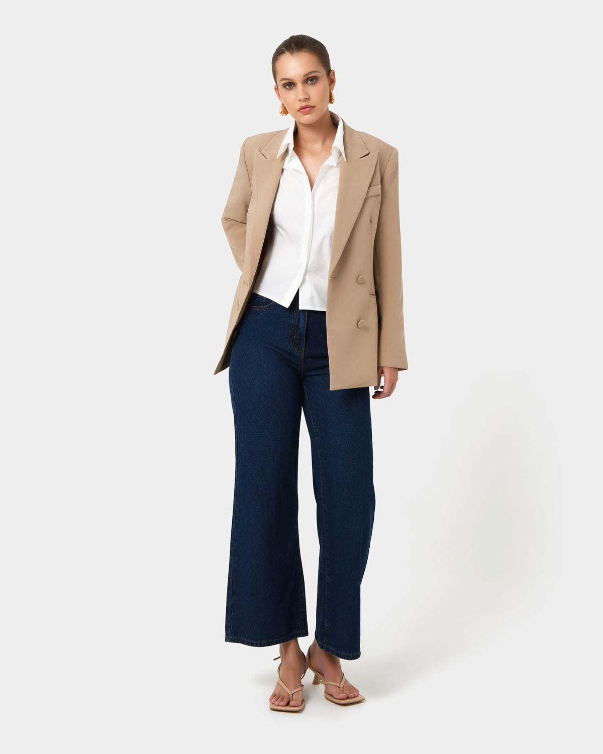 Nikki Double Breasted Blazer in warm taupe — full-length view 2