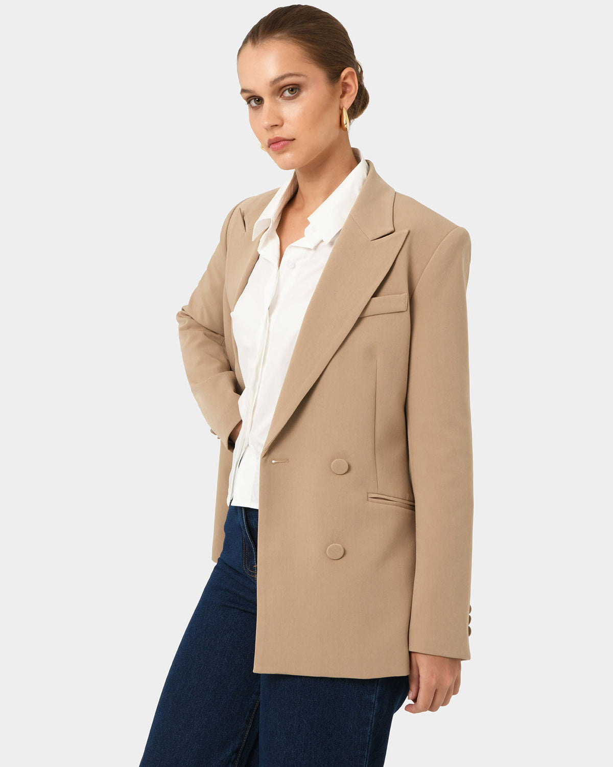 Nikki Double Breasted Blazer in warm taupe — side view