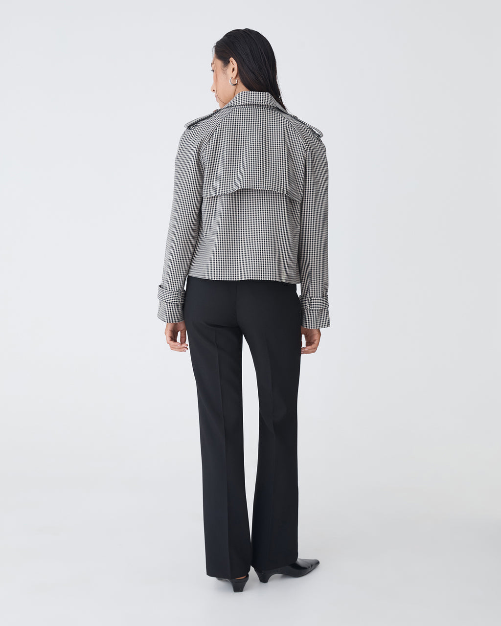 Flynn Cropped Trench Coat in beige check — back view