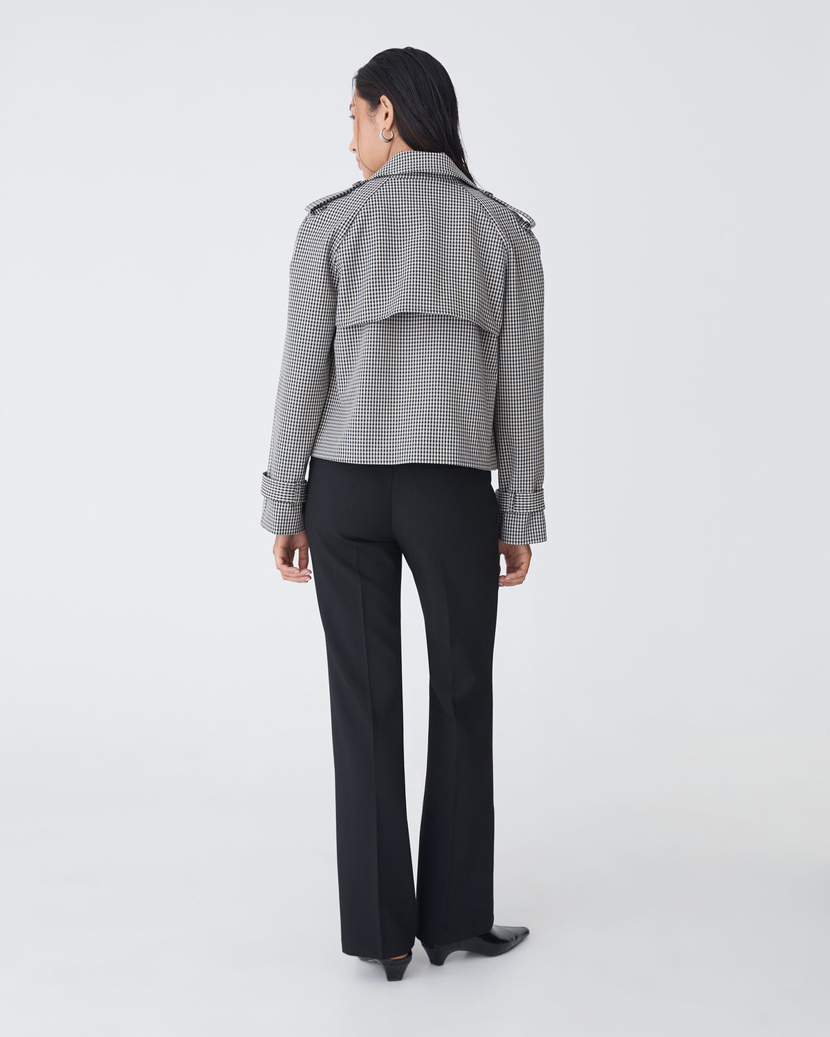 Flynn Cropped Trench Coat in beige check — back view