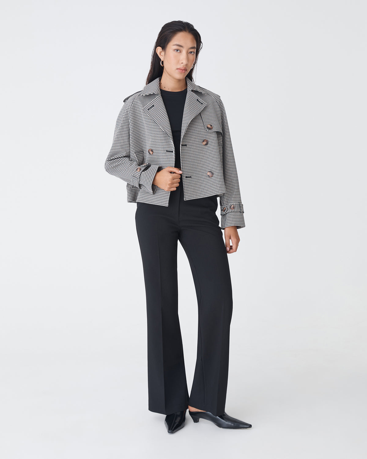 Flynn Cropped Trench Coat in beige check — full-length view