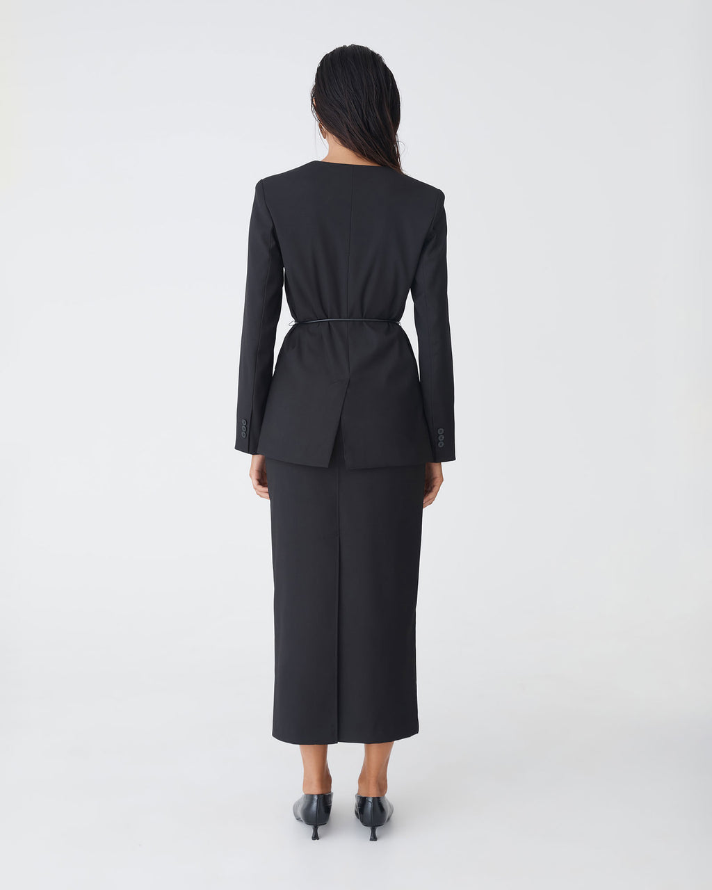 Aaria Collarless Blazer in black — back view