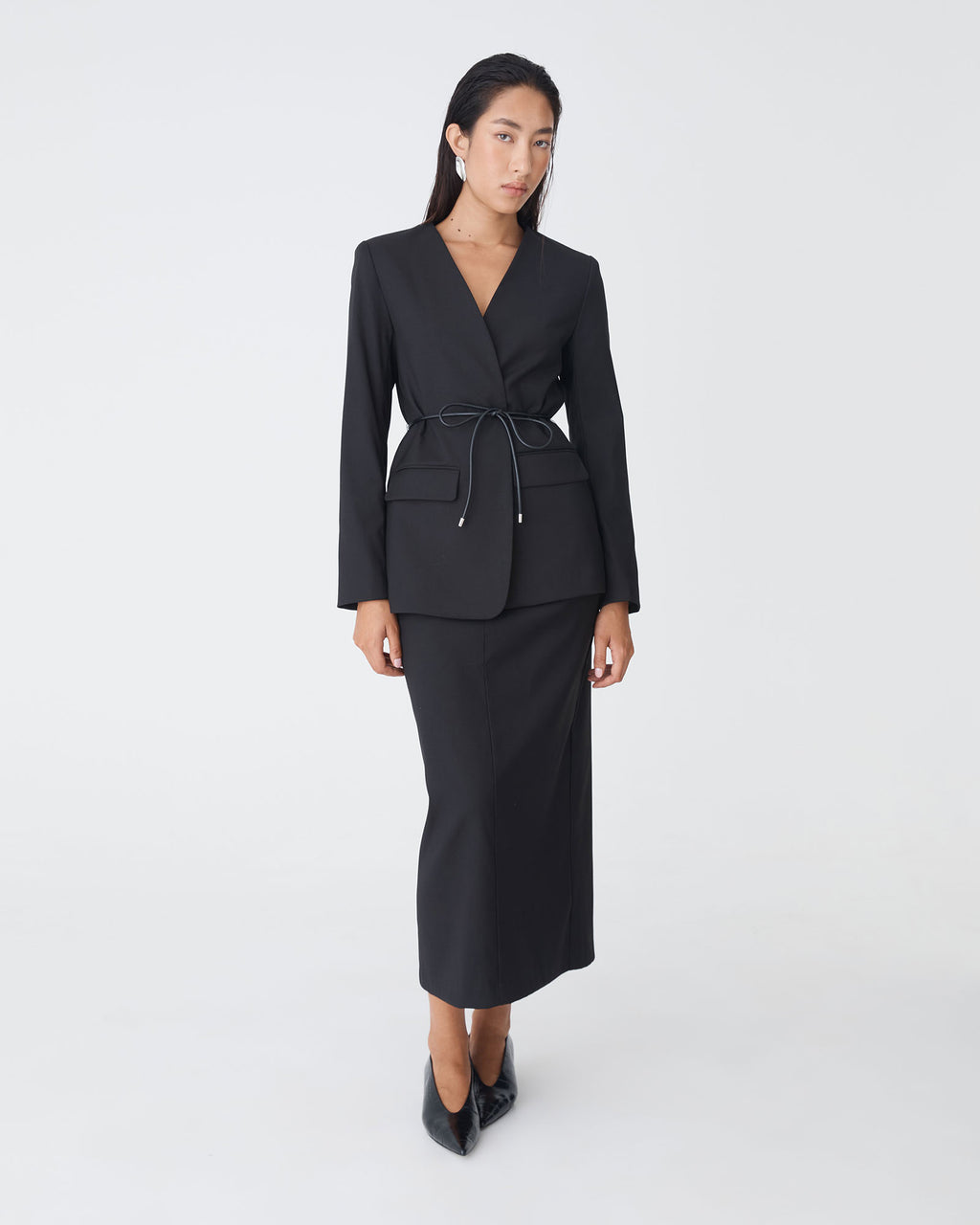 Aaria Collarless Blazer in black — full-length view