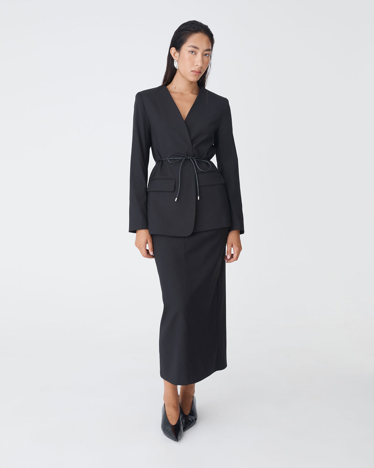 Aaria Collarless Blazer in black — full-length view