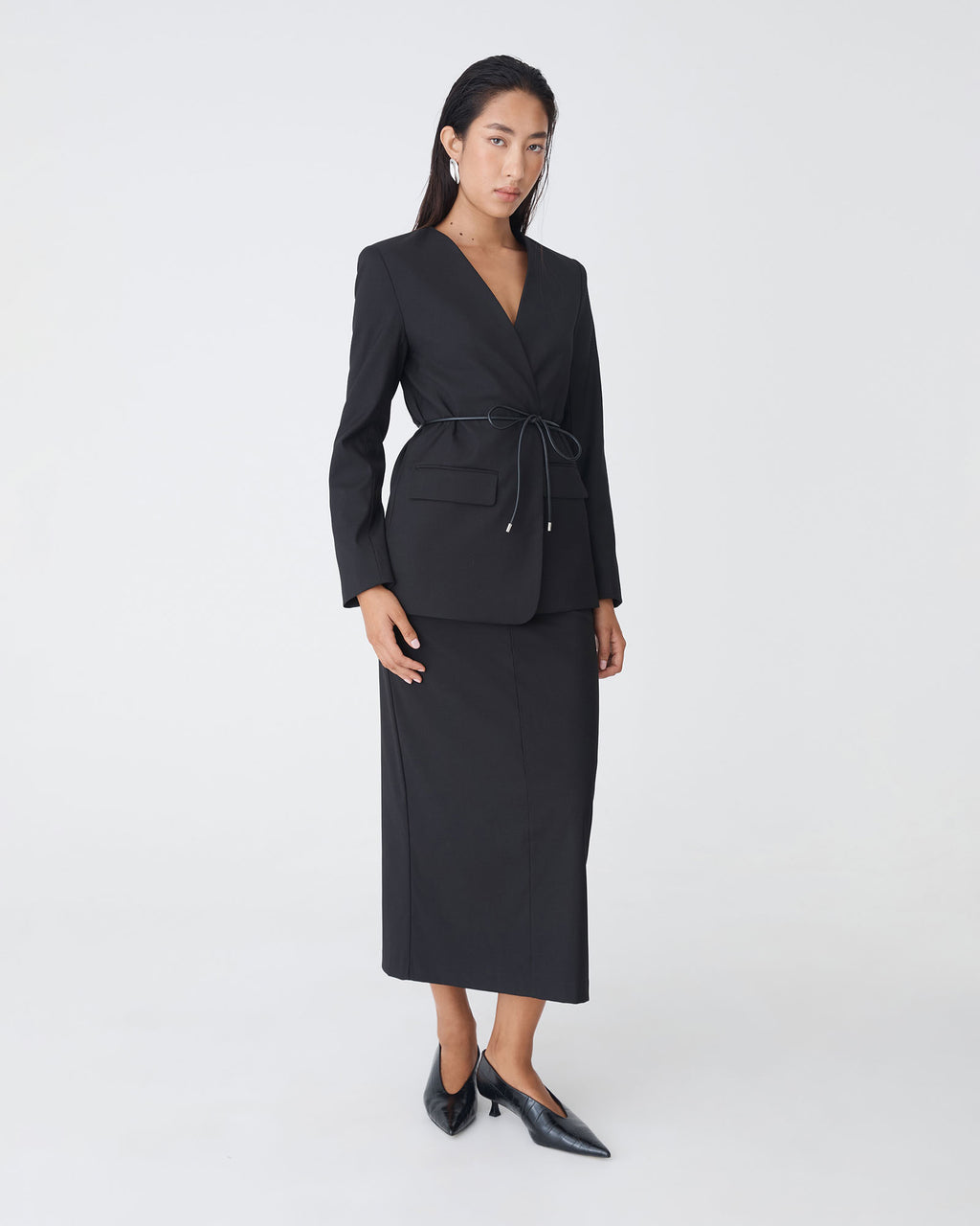 Aaria Collarless Blazer in black — full-length view 3