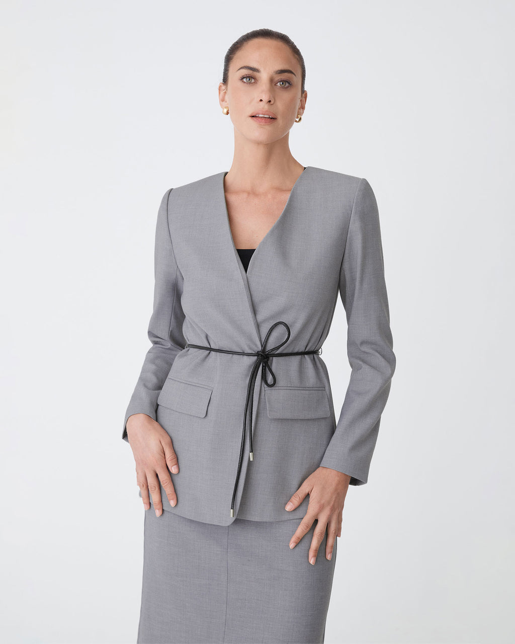Aaria Collarless Blazer in steel — close-up view