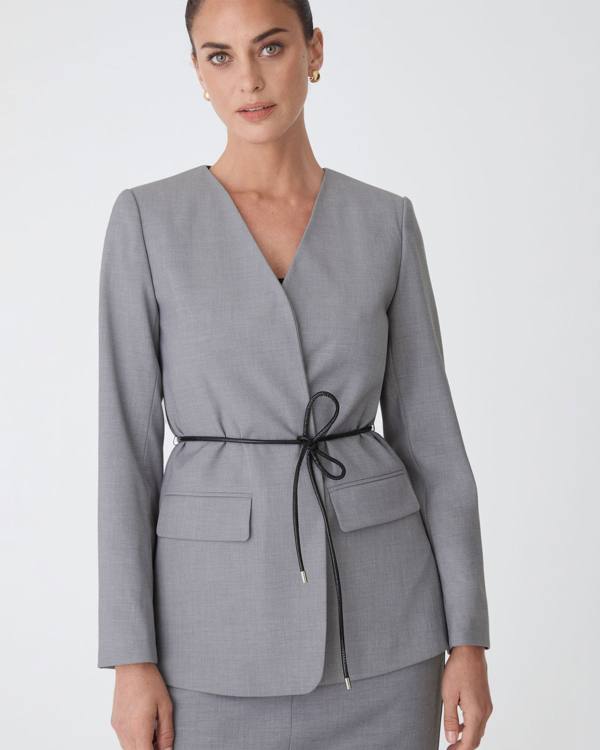 Aaria Collarless Blazer in steel — close-up view 2