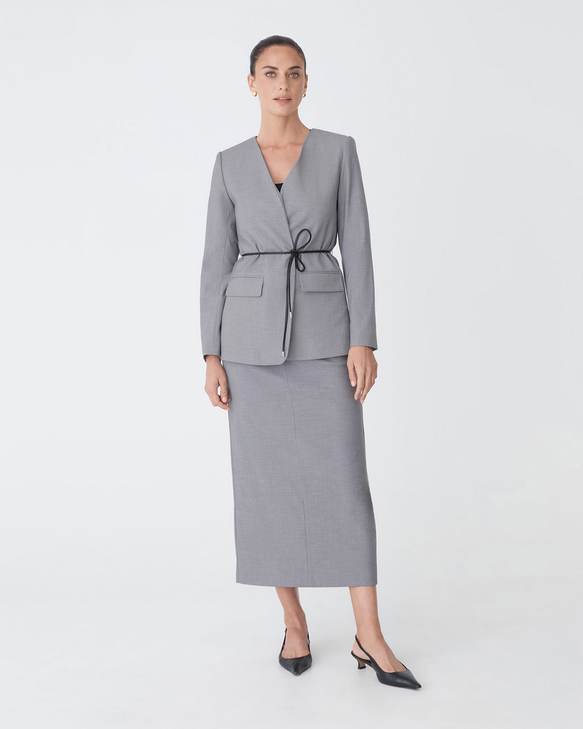 Aaria Collarless Blazer in steel — full-length view