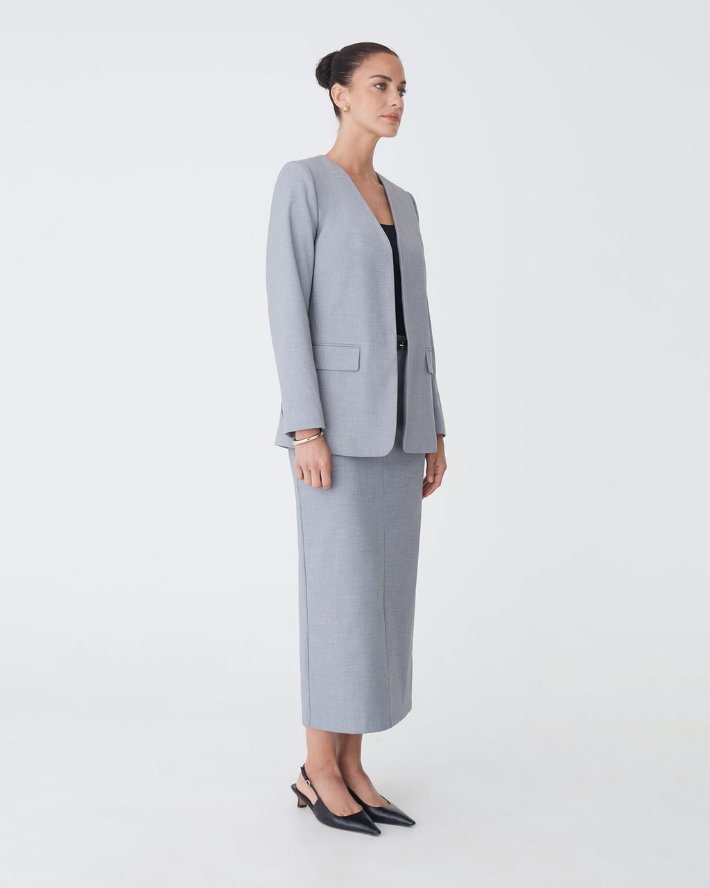 Aaria Collarless Blazer in steel — side view